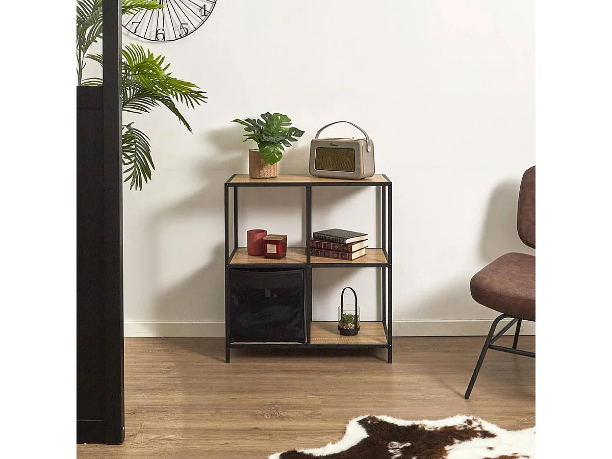 ELIAS - Etagère 4 cases en métal noir et plateaux MDF aspect bois