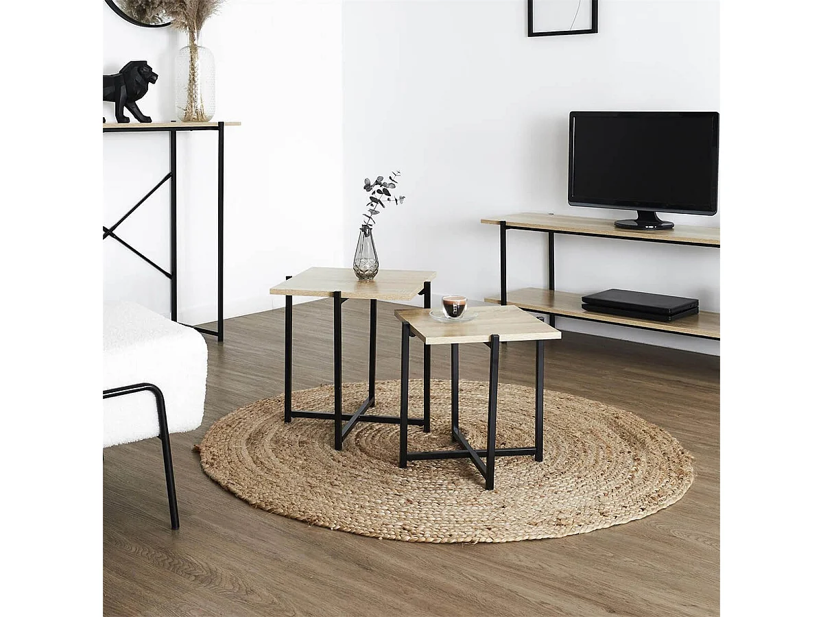 ELIAS - lot de 2 tables basses gigogne plateau MDF aspect bois piètement métal