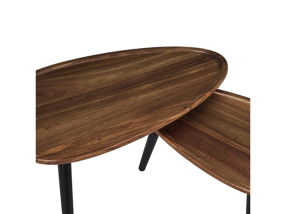 ASTRID - Lot de 2 tables basses ovales gigogne en acacia teinté noyer