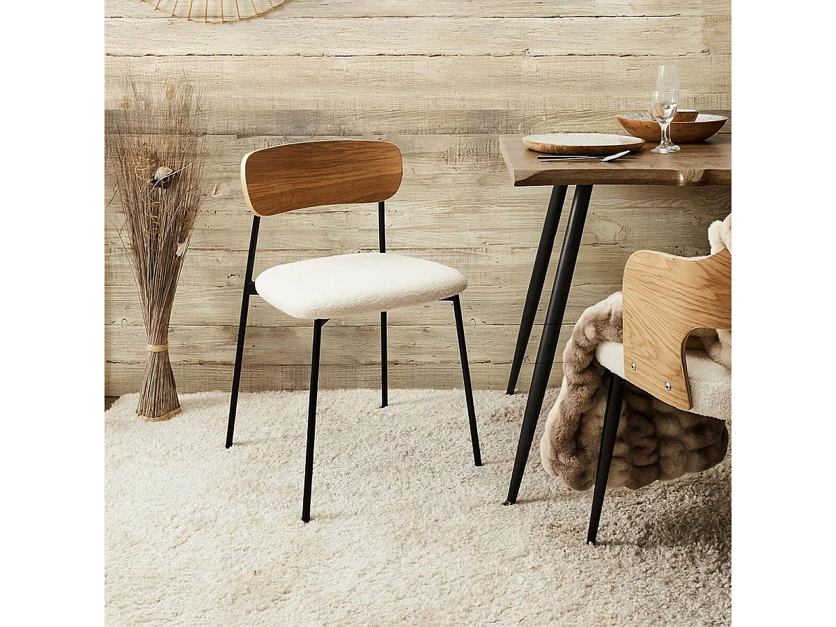 KILPA - Lot de 4 chaises bois et métal assise en tissu bouclettes