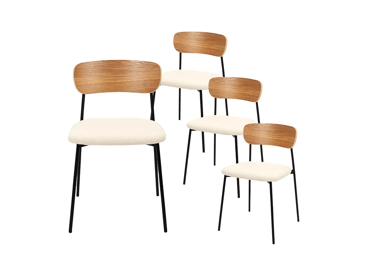 KILPA - Lot de 4 chaises bois et métal assise en tissu bouclettes