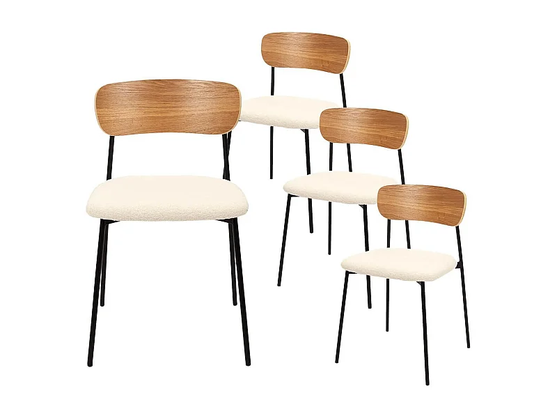 KILPA - Lot de 4 chaises bois et métal assise en tissu bouclettes