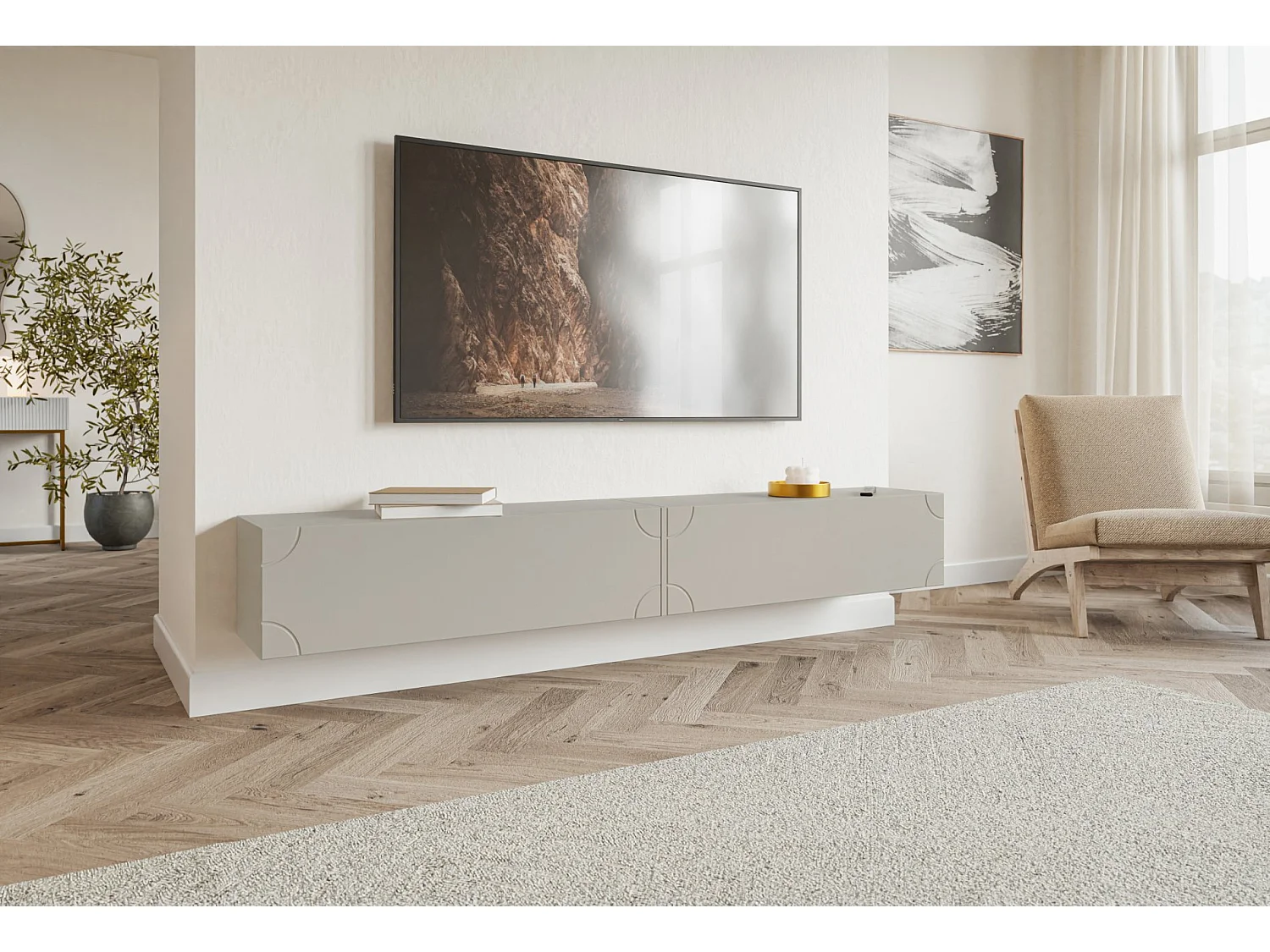Meuble TV suspendu 2 portes - 200 cm - Grège - BISIRA