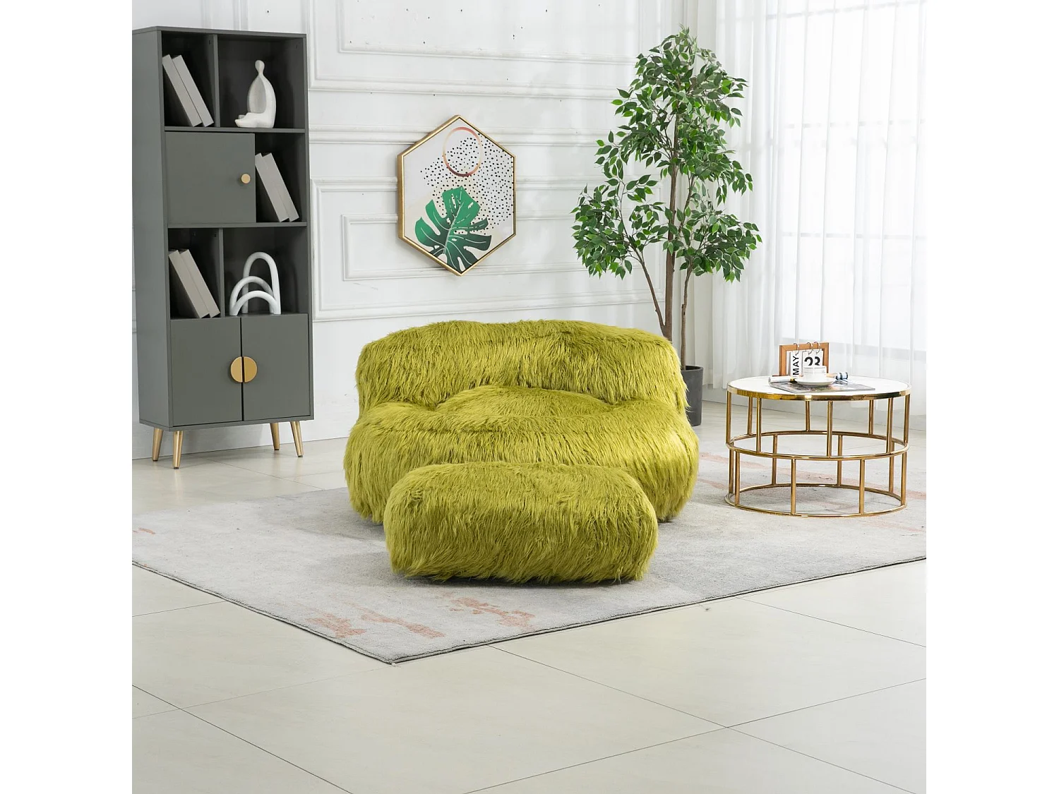 Cosy Fluffy Bean Bag Chair with Ottoman, Modern Upholstered Chair, Soft Fluffy Faux Fur Bean Bag, Loveseat, Olive Green