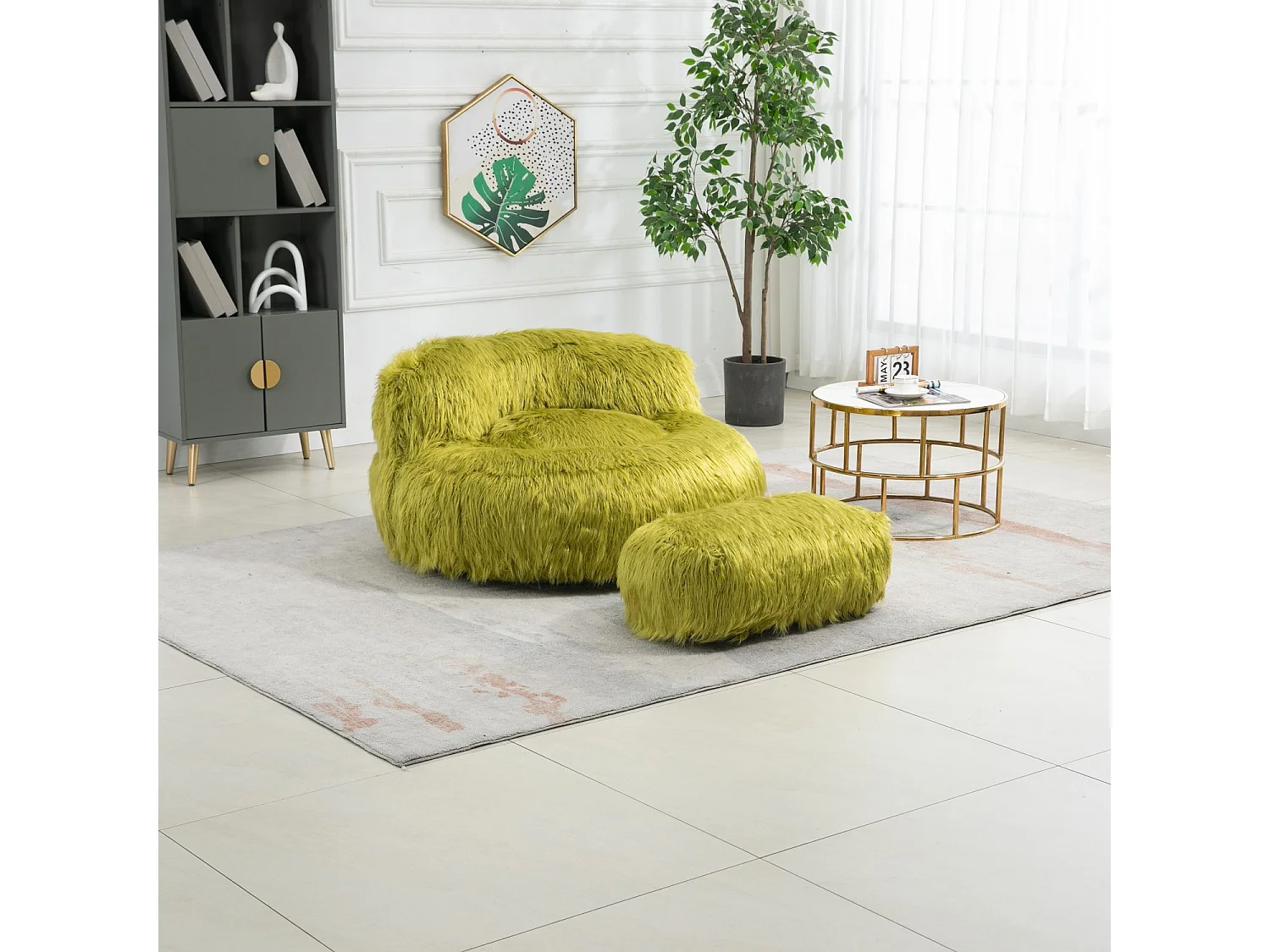 Cosy Fluffy Bean Bag Chair with Ottoman, Modern Upholstered Chair, Soft Fluffy Faux Fur Bean Bag, Loveseat, Olive Green