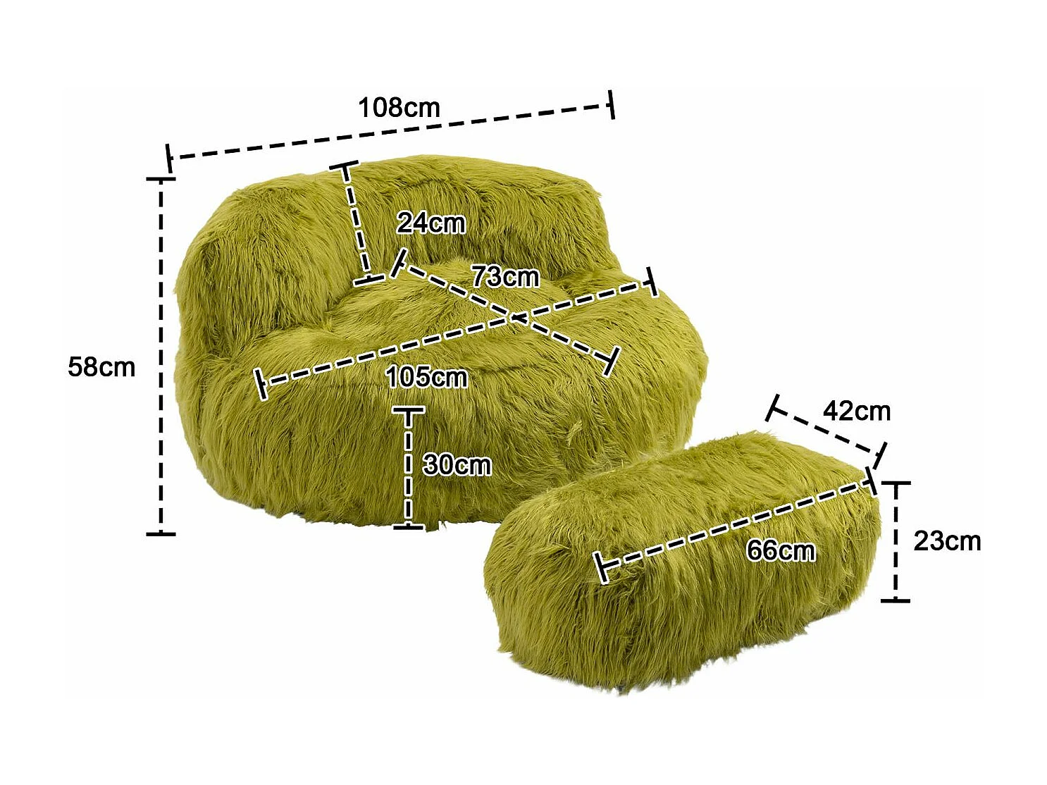 Cosy Fluffy Bean Bag Chair with Ottoman, Modern Upholstered Chair, Soft Fluffy Faux Fur Bean Bag, Loveseat, Olive Green