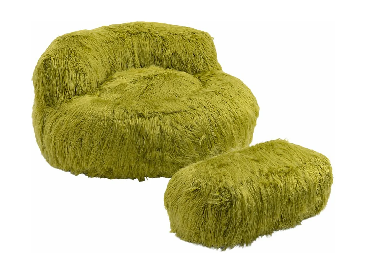 Cosy Fluffy Bean Bag Chair with Ottoman, Modern Upholstered Chair, Soft Fluffy Faux Fur Bean Bag, Loveseat, Olive Green