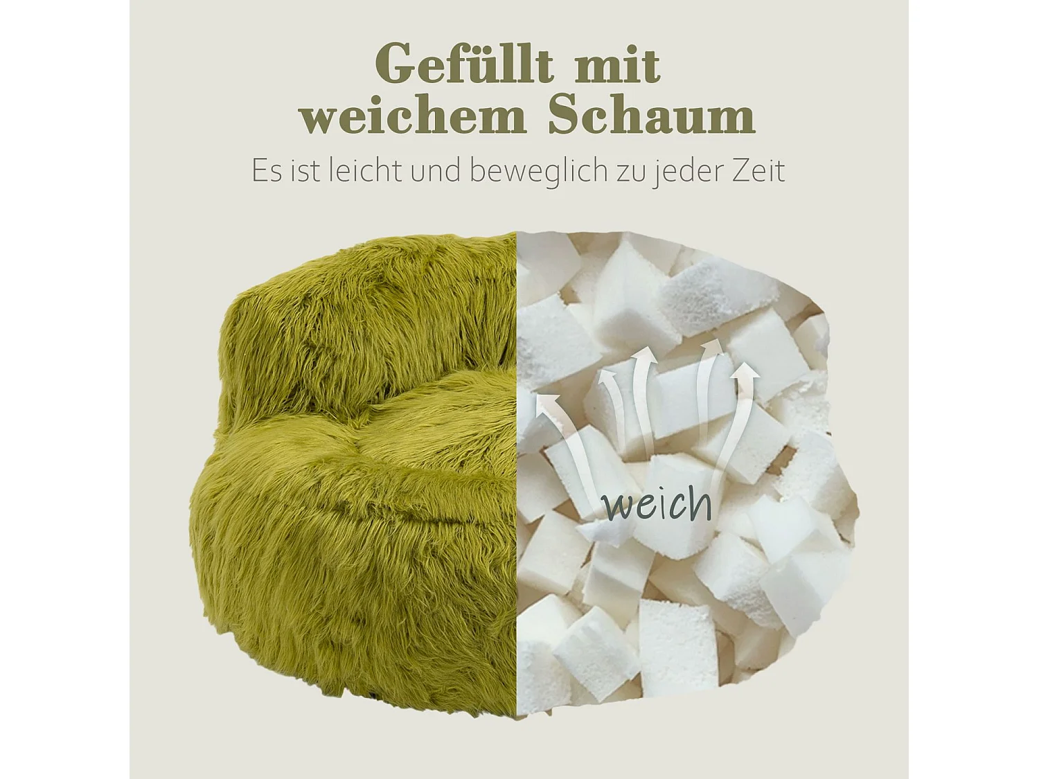 Cosy Fluffy Bean Bag Chair with Ottoman, Modern Upholstered Chair, Soft Fluffy Faux Fur Bean Bag, Loveseat, Olive Green