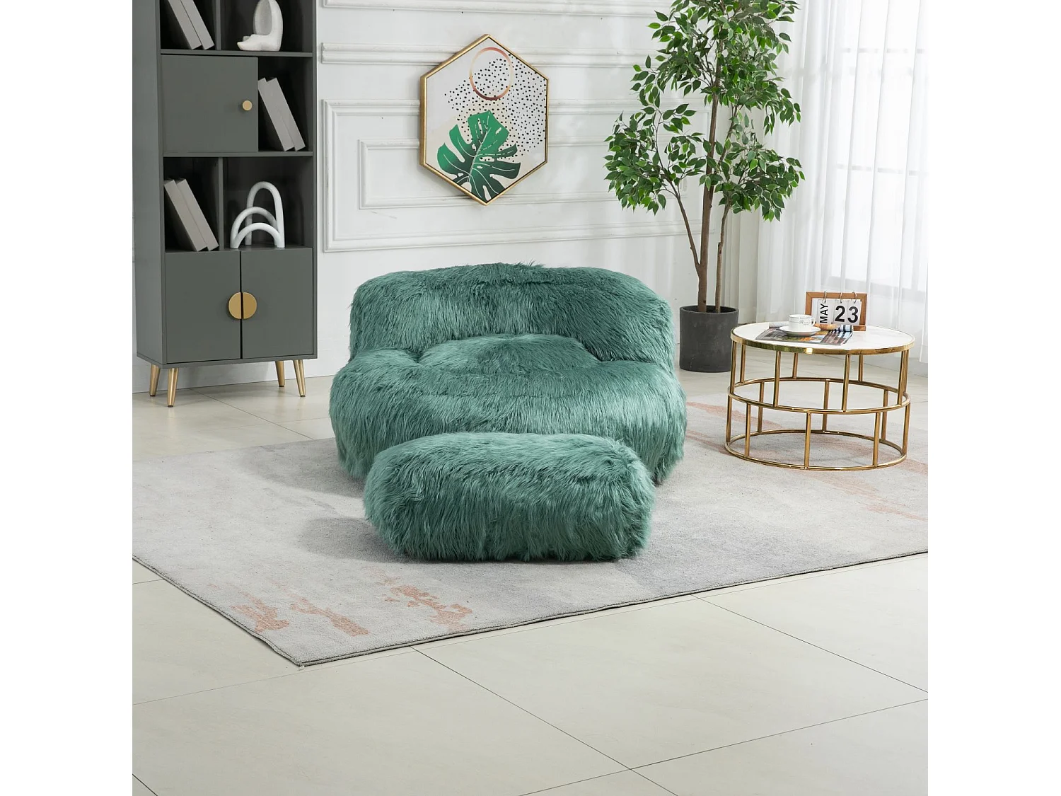 Cosy Fluffy Bean Bag Chair with Ottoman, Modern Upholstered Chair, Soft Fluffy Faux Fur Bean Bag, Loveseat, Mint Green