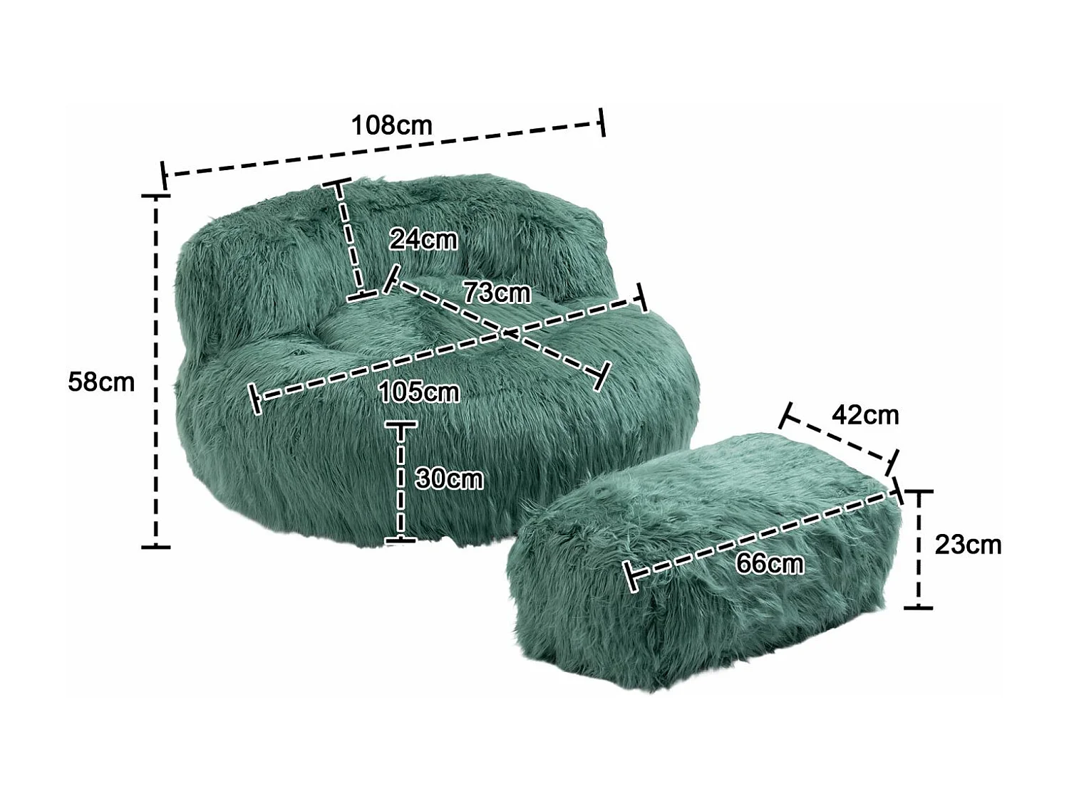 Cosy Fluffy Bean Bag Chair with Ottoman, Modern Upholstered Chair, Soft Fluffy Faux Fur Bean Bag, Loveseat, Mint Green