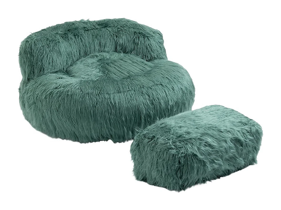 Cosy Fluffy Bean Bag Chair with Ottoman, Modern Upholstered Chair, Soft Fluffy Faux Fur Bean Bag, Loveseat, Mint Green