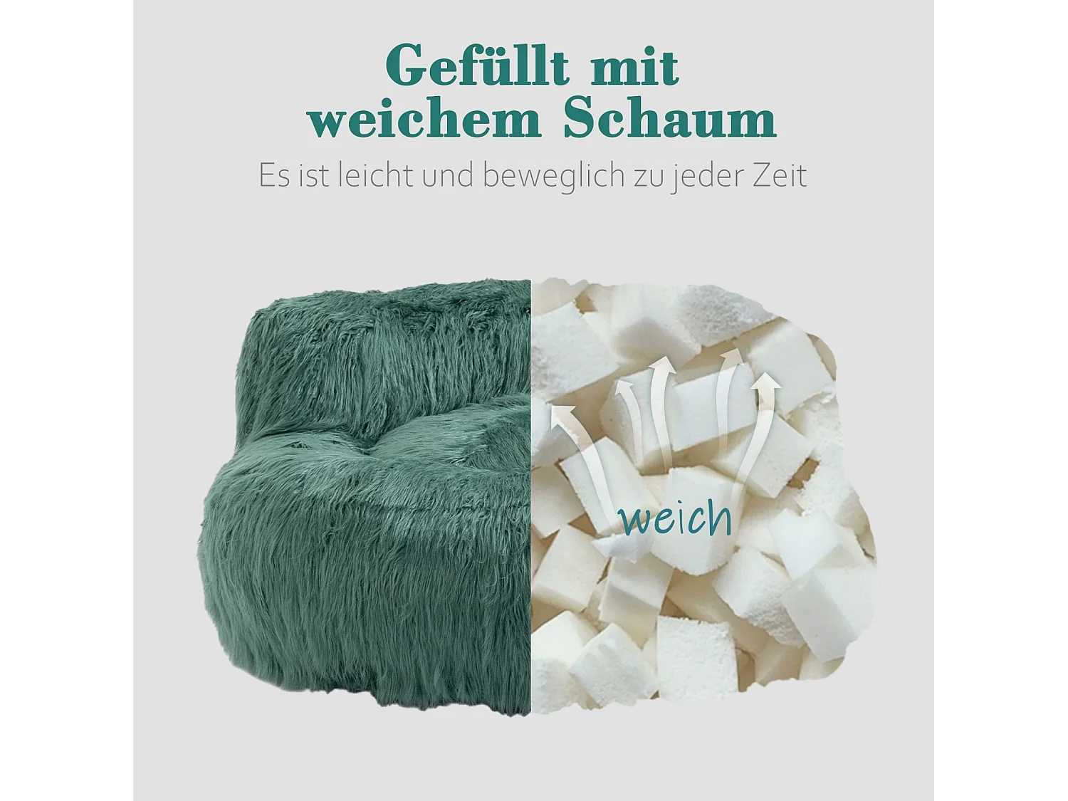 Cosy Fluffy Bean Bag Chair with Ottoman, Modern Upholstered Chair, Soft Fluffy Faux Fur Bean Bag, Loveseat, Mint Green