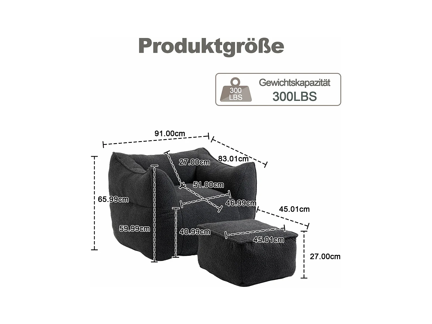Komfortabler Doppel-Sitzsack, superweiche Innenraumgestaltung, moderner Spezial-Sitzsack mit Armlehnen, schwarz