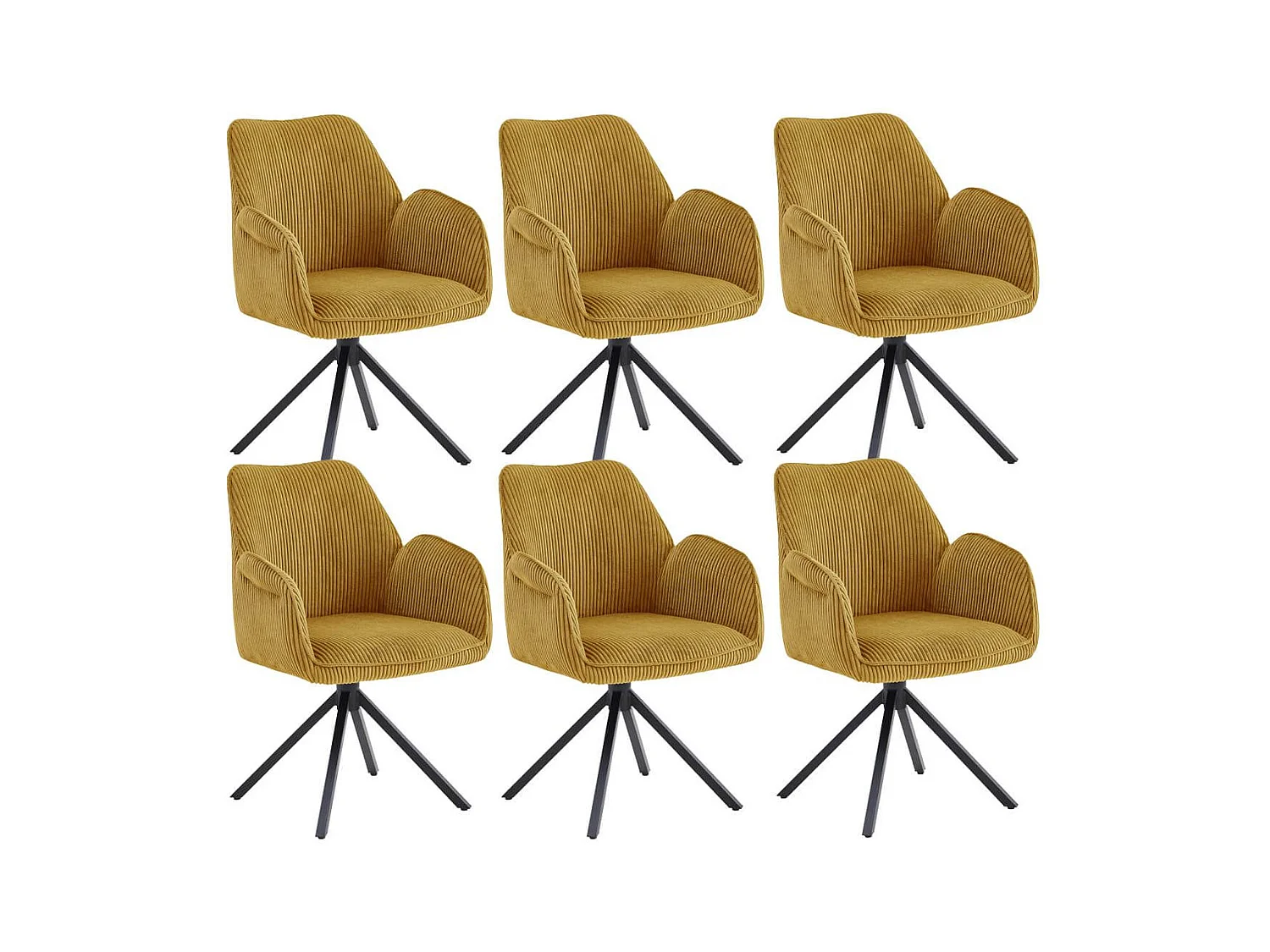 DELIA - Lot de 6 Fauteuils de table Pivotants Tissu Velours Côtelé Jaune