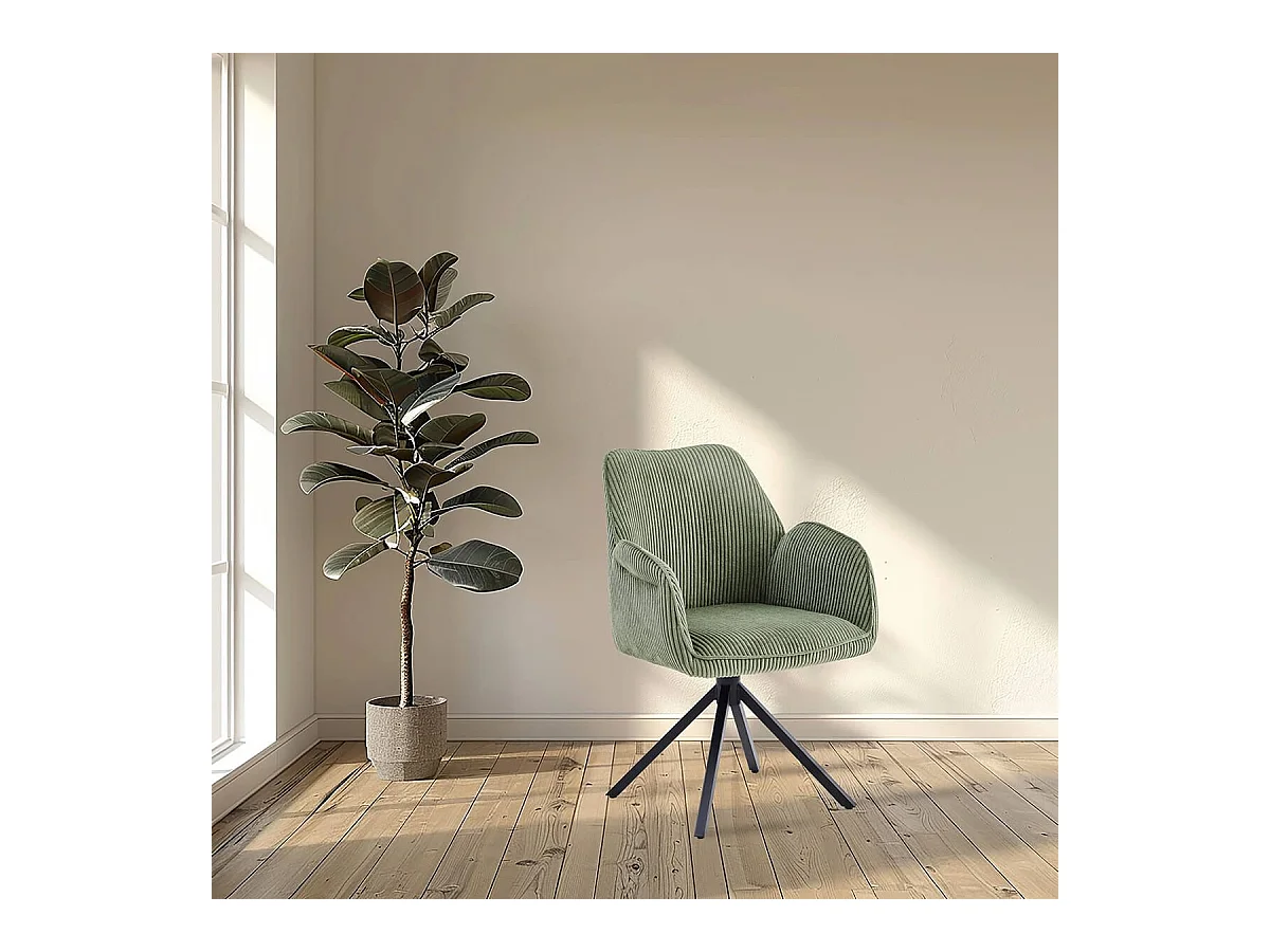DELIA - Lot de 6 Fauteuils de table Pivotants Tissu Velours Côtelé Vert