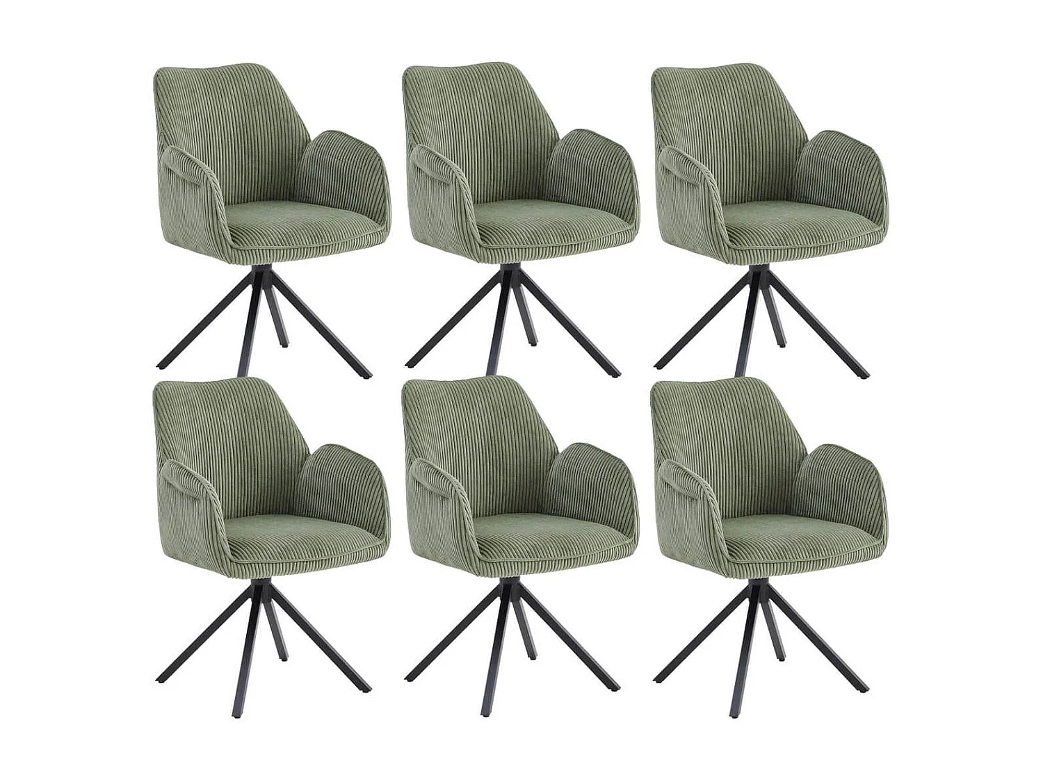 DELIA - Lot de 6 Fauteuils de table Pivotants Tissu Velours Côtelé Vert