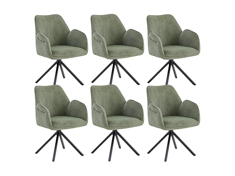 DELIA - Lot de 6 Fauteuils de table Pivotants Tissu Velours Côtelé Vert