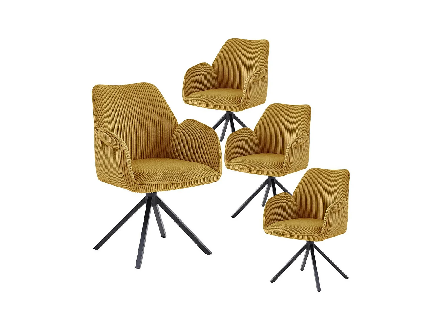 DELIA - Lot de 4 Fauteuils de table Pivotants Tissu Velours Côtelé Jaune