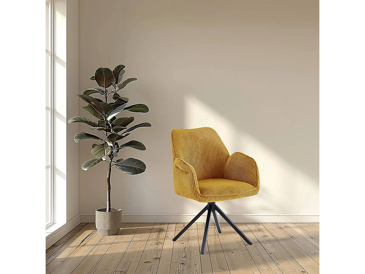 DELIA - Lot de 4 Fauteuils de table Pivotants Tissu Velours Côtelé Jaune