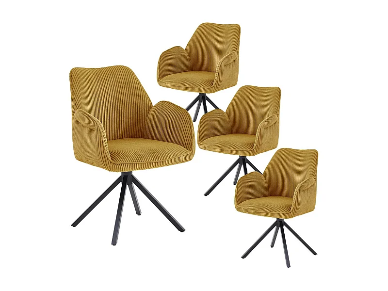 DELIA - Lot de 4 Fauteuils de table Pivotants Tissu Velours Côtelé Jaune