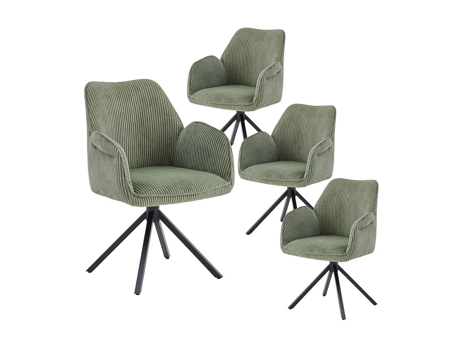 DELIA - Lot de 4 Fauteuils de table Pivotants Tissu Velours Côtelé Vert