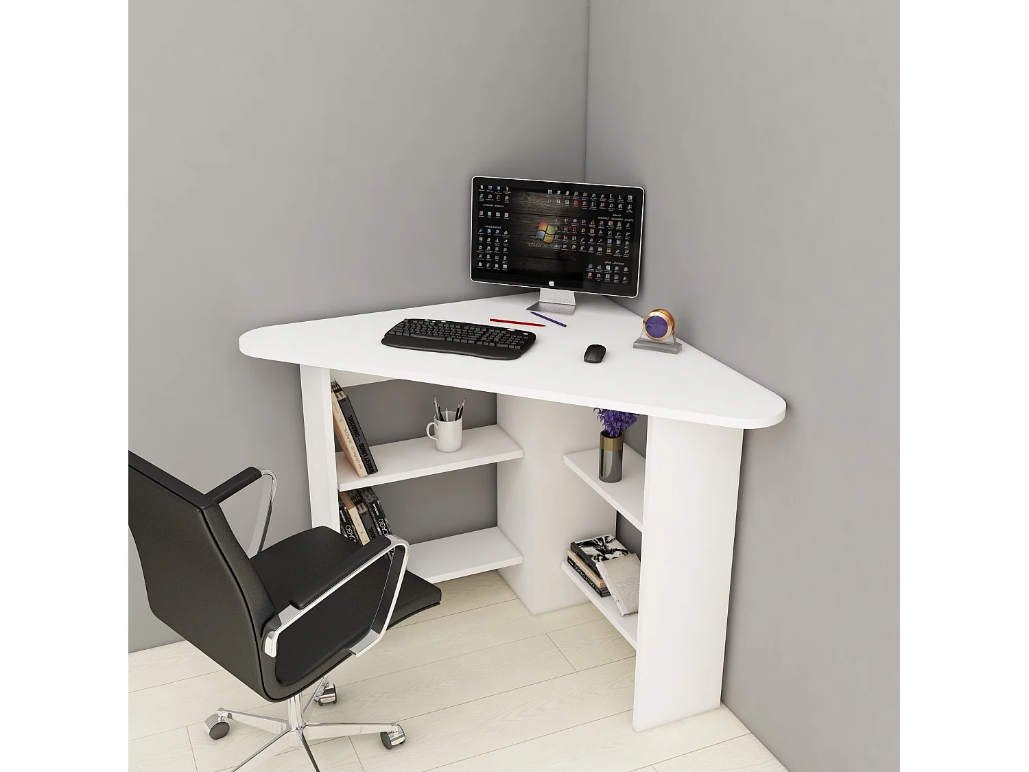 Bureau d'angle 4 étagères Seredic L80xP80cm Blanc