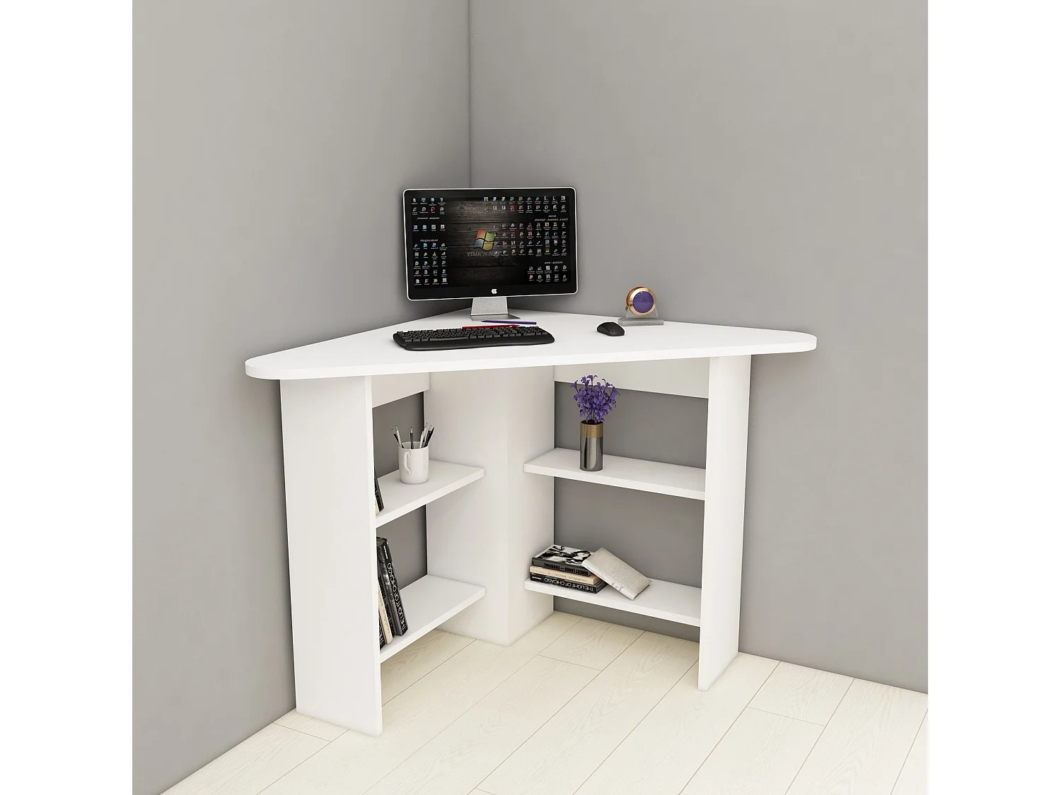 Bureau d'angle 4 étagères Seredic L80xP80cm Blanc