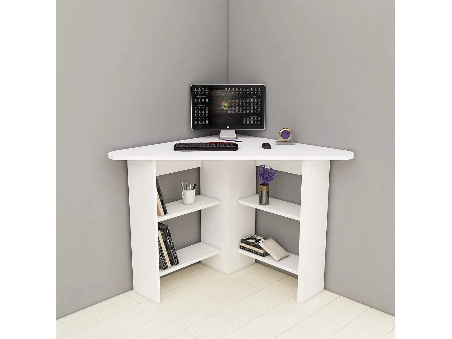 Bureau d'angle 4 étagères Seredic L80xP80cm Blanc