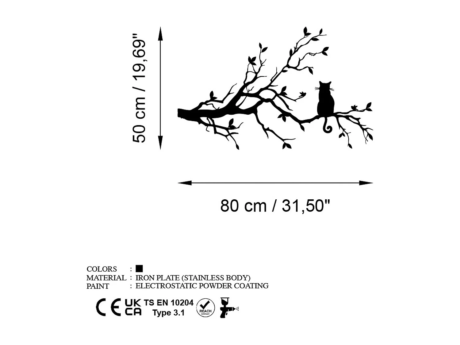 Décoration murale en métal Chatt sur une branche