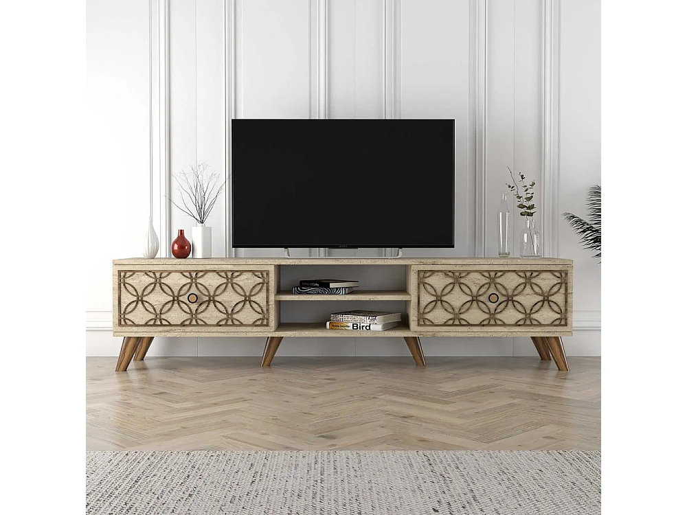 Móvel de TV – 180 cm x 44 cm x 37 cm – Travertino – Painel de partículas revestido de melamina