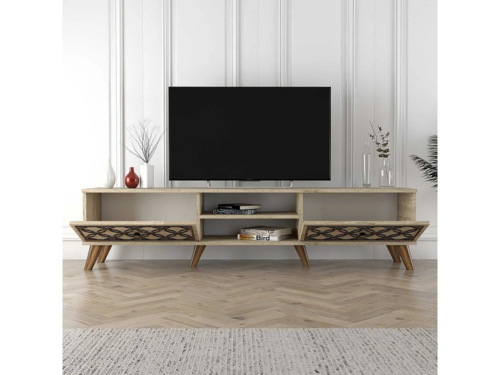 Móvel de TV – 180 cm x 44 cm x 37 cm – Travertino – Painel de partículas revestido de melamina