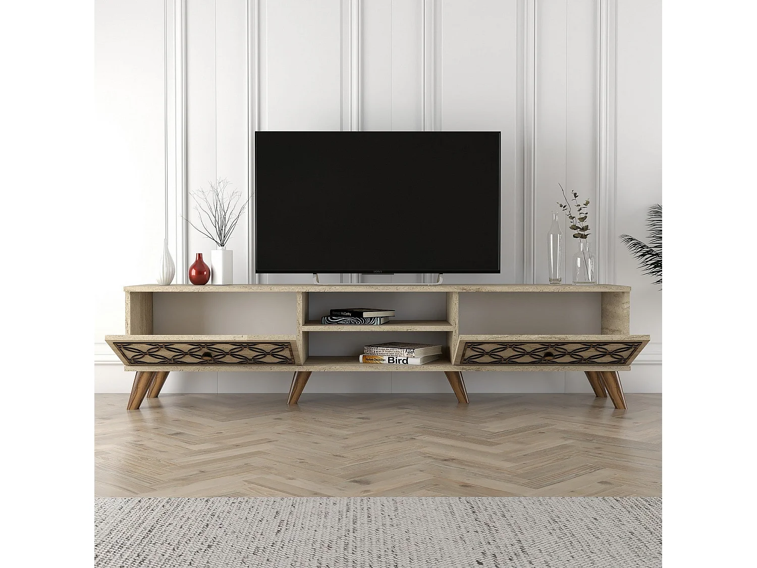 Móvel de TV – 180 cm x 44 cm x 37 cm – Travertino – Painel de partículas revestido de melamina