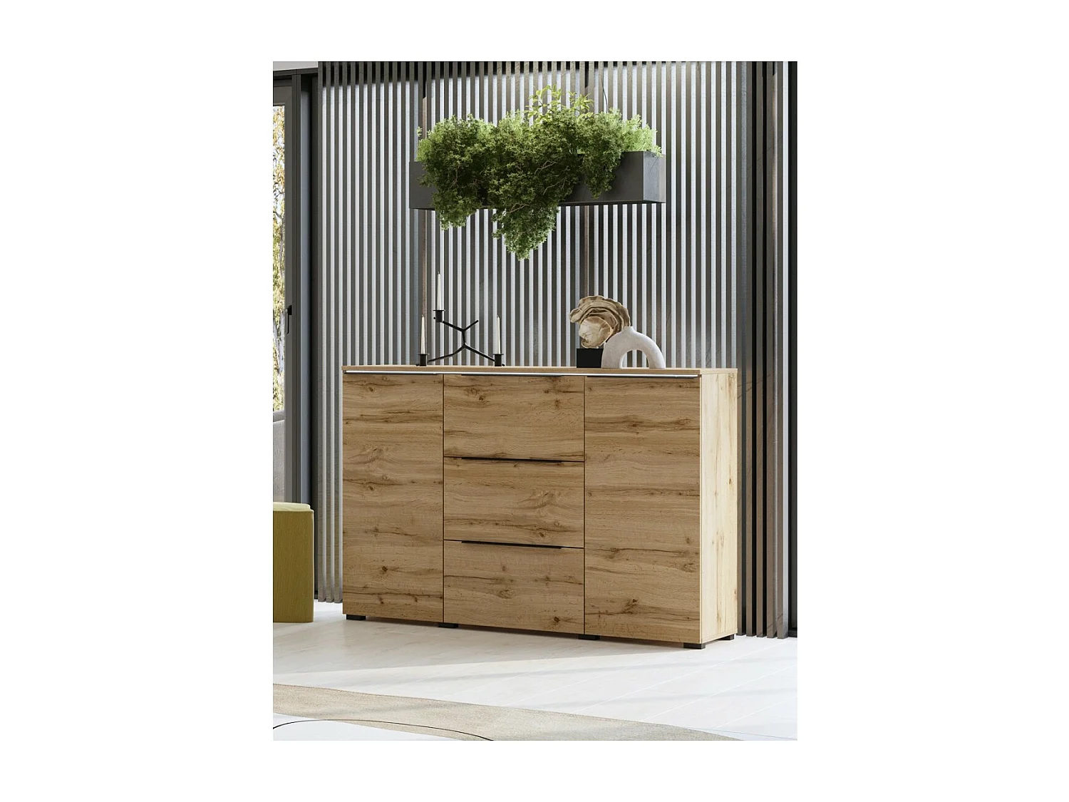Buffet ALICE coloris chêne wotan – 2 portes, 3 tiroirs avec éclairage LED