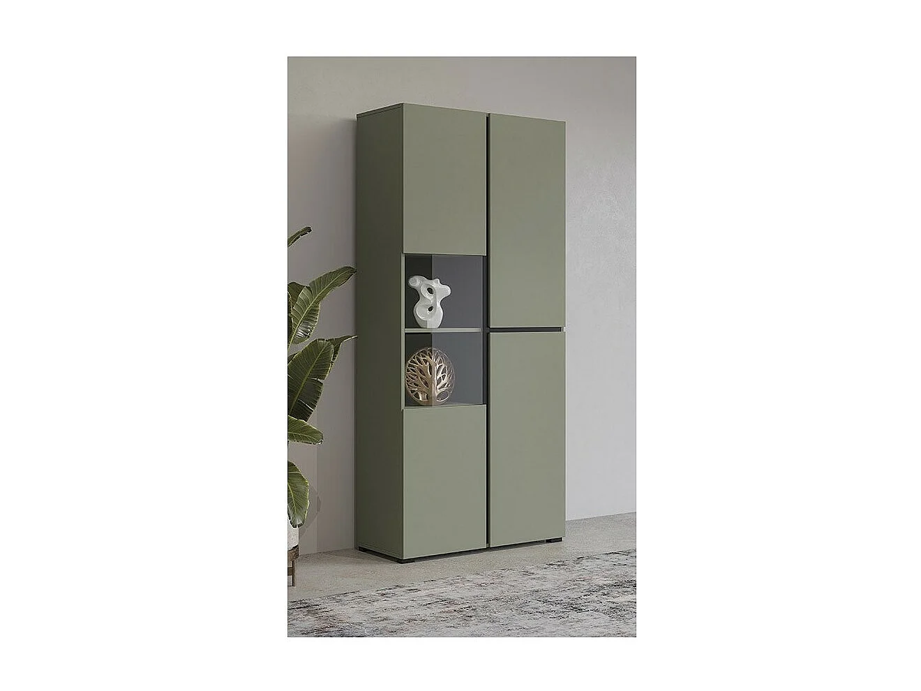 Hoge vitrinekast met 2 deuren uit de HAVANA collectie. Kleur salie en zwart.