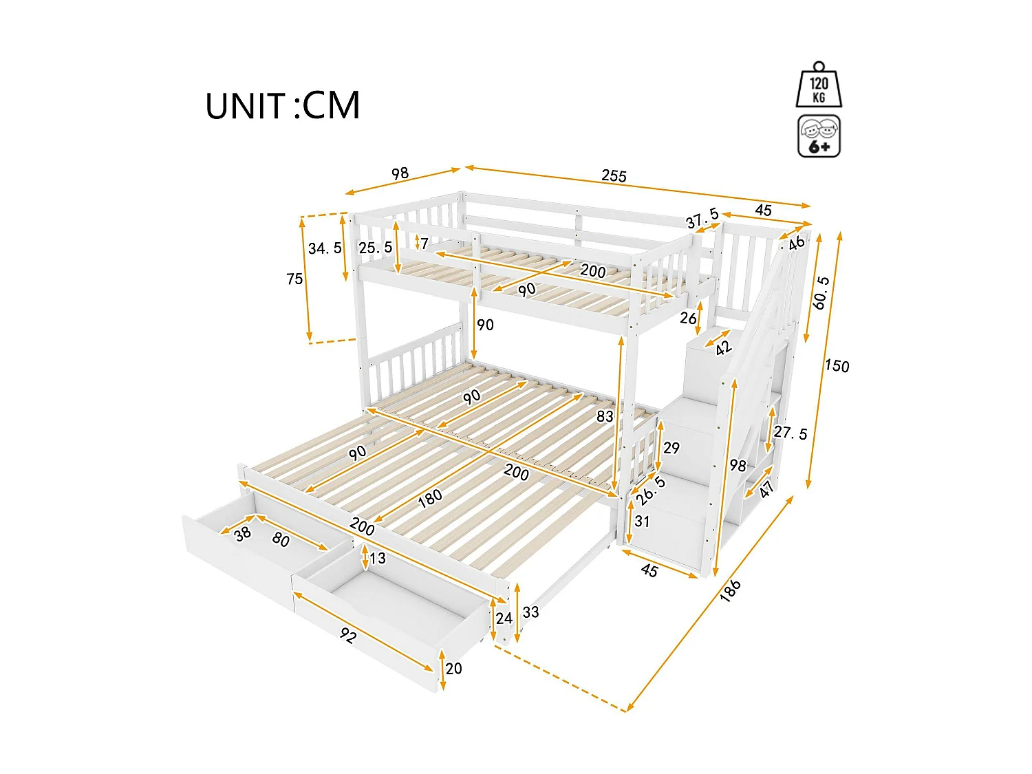 Lit superposé en bois - 90x200cm + 90/180x200cm - 2 tiroirs et étagères - 2 sommiers à lattes - Blanc