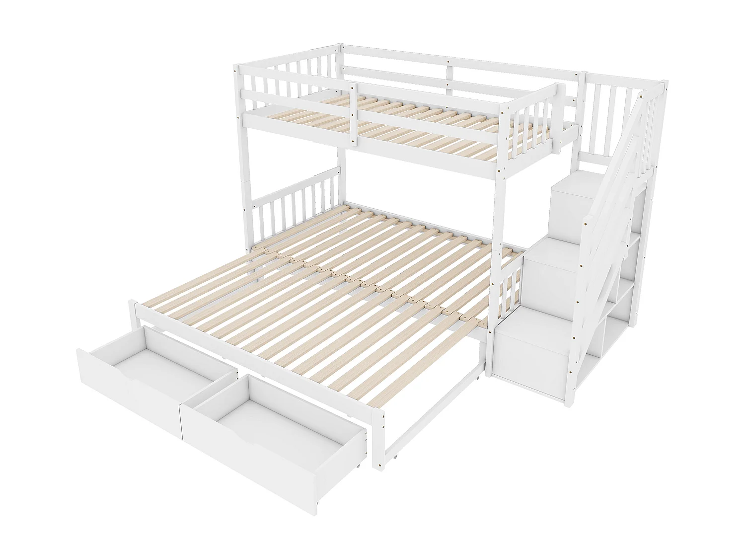 Lit superposé en bois - 90x200cm + 90/180x200cm - 2 tiroirs et étagères - 2 sommiers à lattes - Blanc