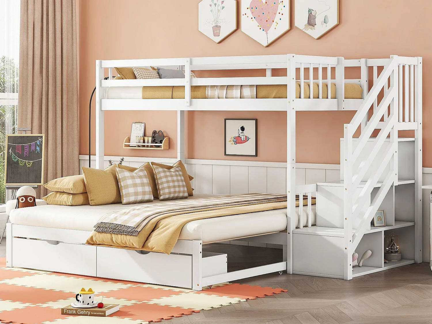 Etagenbett aus Holz – 90 x 200 cm + 90/180 x 200 cm – 2 Schubladen und Regale – 2 Lattenroste – Weiß