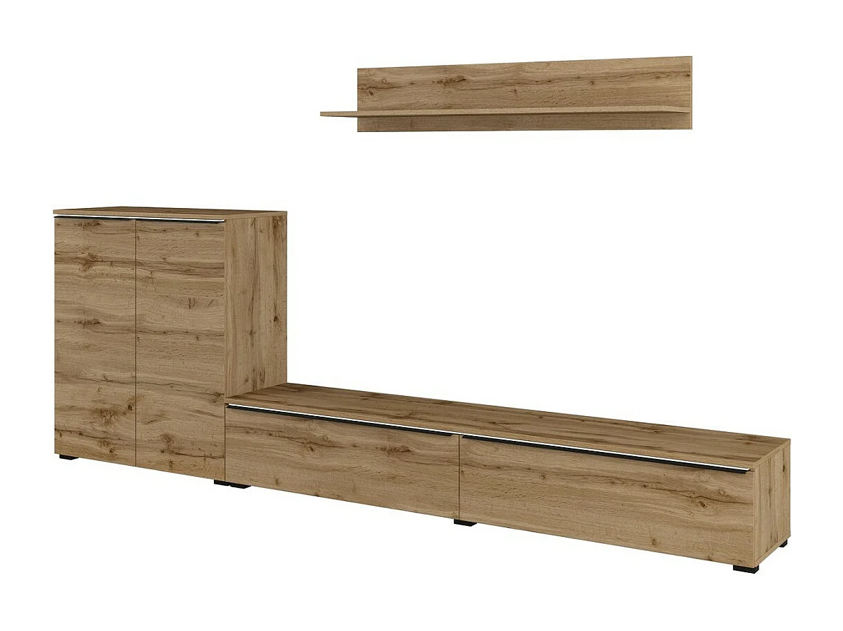 Conjunto de muebles de salón ALICE – Estantería, Buffet de 2 puertas, Mueble para TV en roble wotan con iluminación LED.