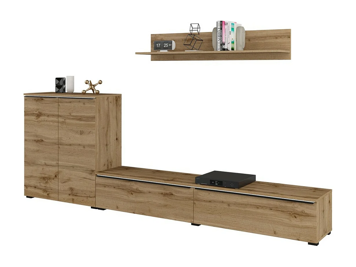 Conjunto de muebles de salón ALICE – Estantería, Buffet de 2 puertas, Mueble para TV en roble wotan con iluminación LED.