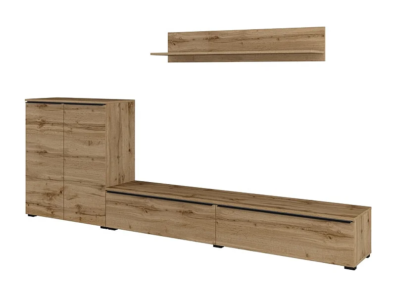 Conjunto de muebles de salón ALICE – Estantería, Buffet de 2 puertas, Mueble para TV en roble wotan con iluminación LED.