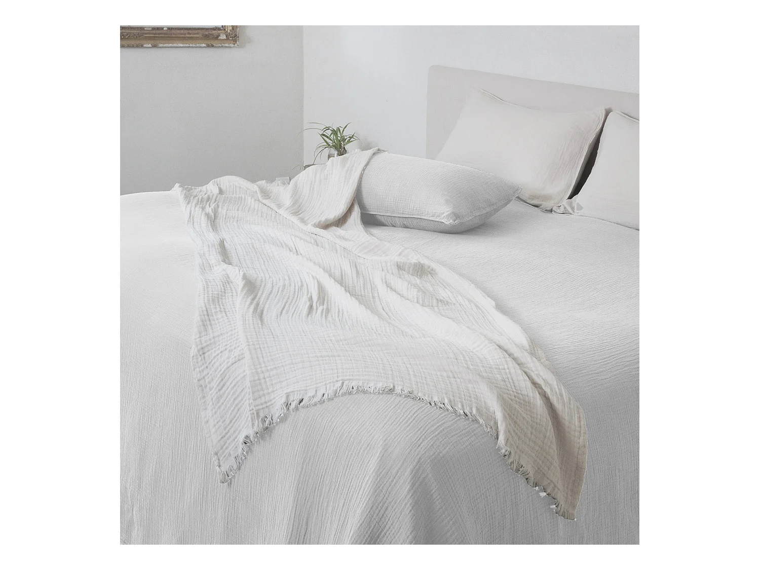 Plaid 180x240 cm en mousseline de coton collection PAROS blanc neige