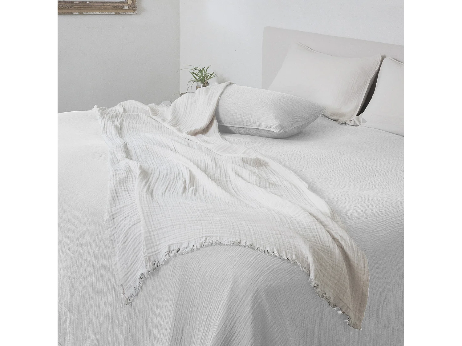 Plaid 180x240 cm en mousseline de coton collection PAROS blanc neige