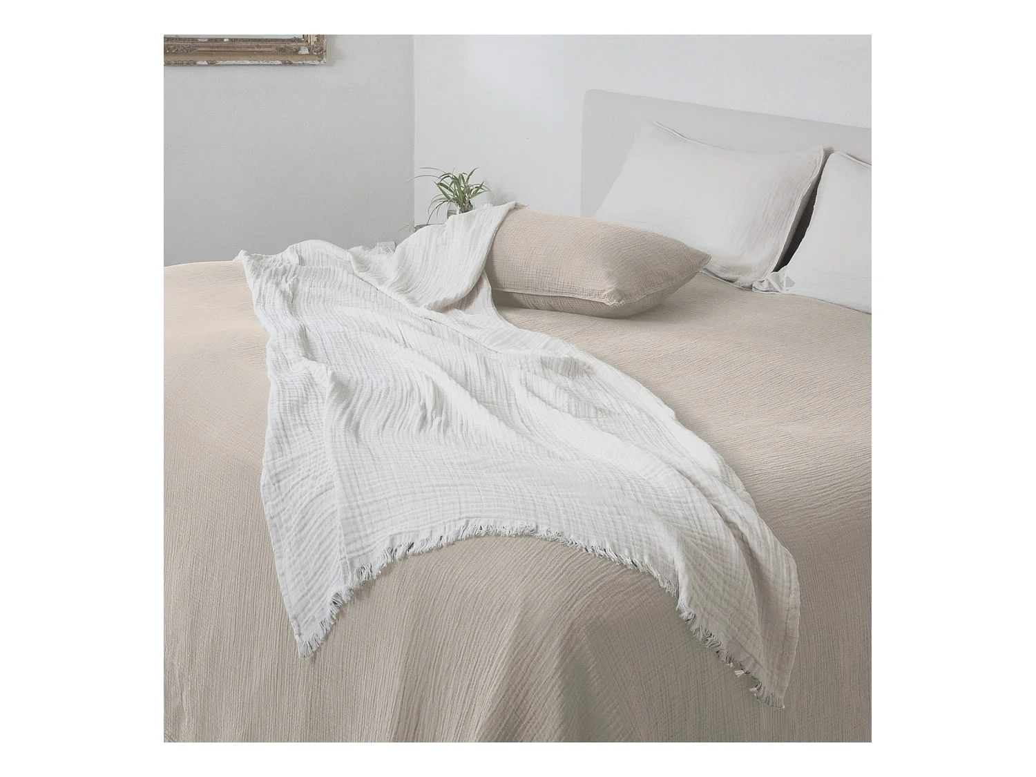 Plaid 180x240 cm en mousseline de coton collection PAROS beige ficelle