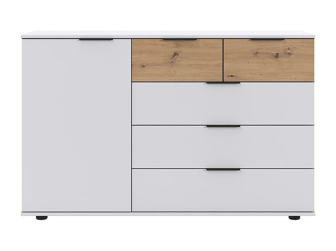 Commode combinée, meuble de rangement coloris blanc, rechampis imitation bois - Longueur 130 x Hauteur 83 x Profondeur 41 cm 