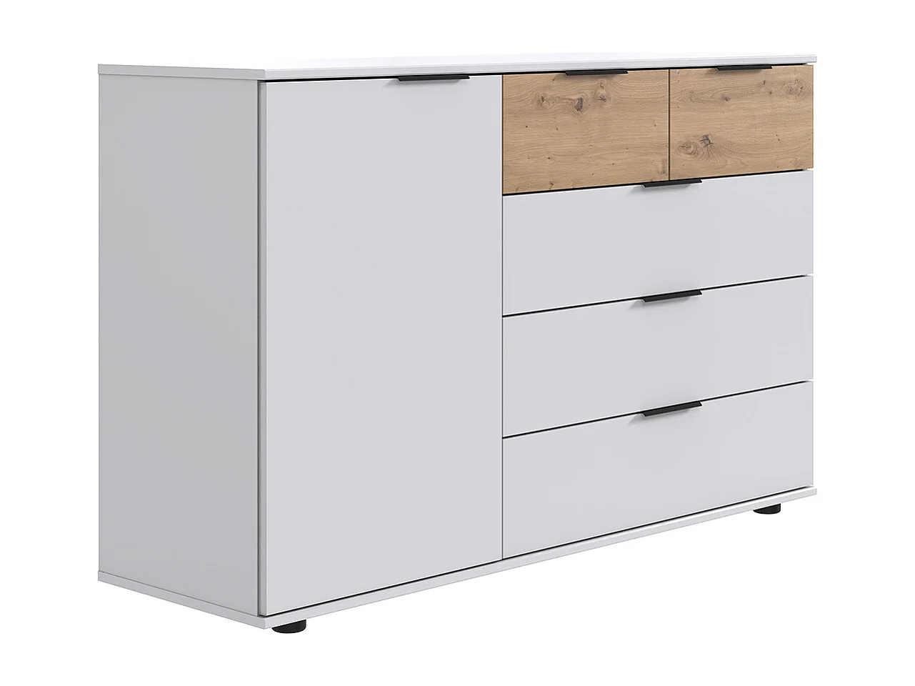 Commode combinée, meuble de rangement coloris blanc, rechampis imitation bois - Longueur 130 x Hauteur 83 x Profondeur 41 cm 