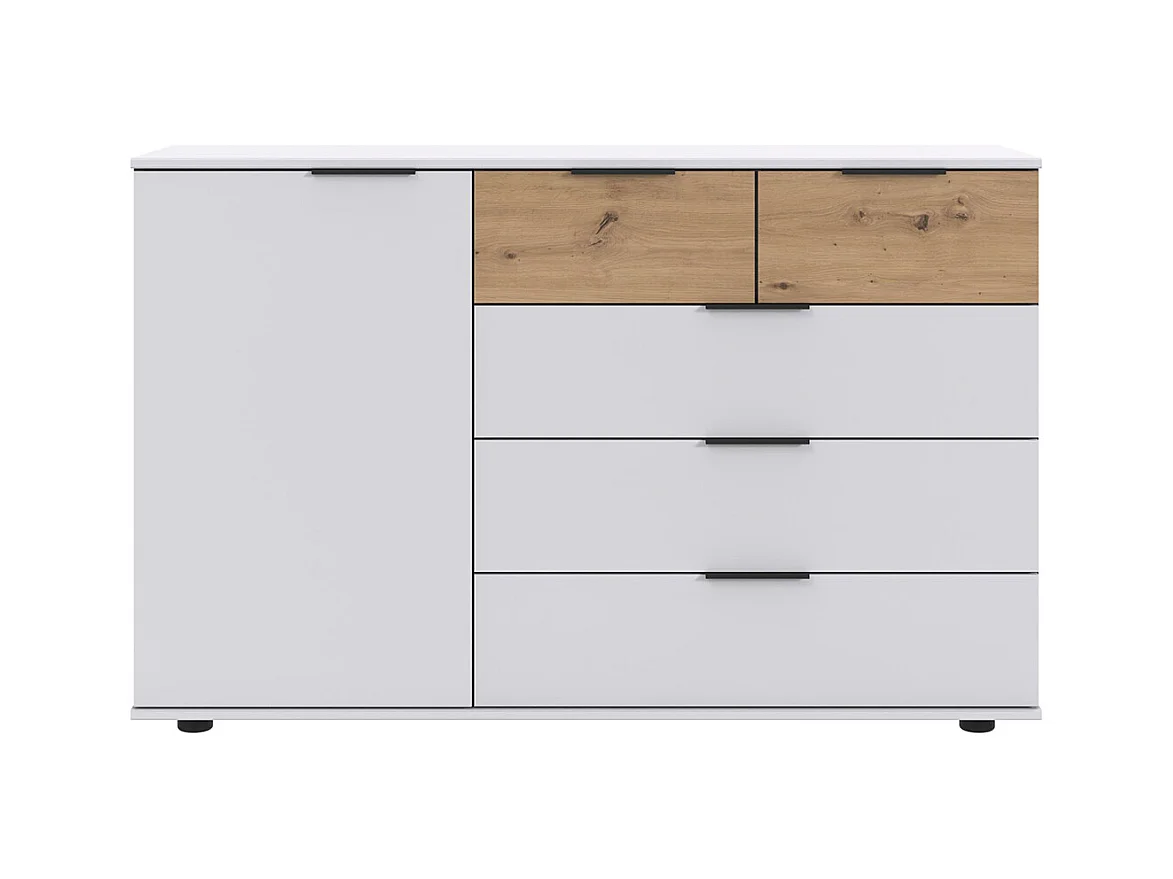 Commode combinée, meuble de rangement coloris blanc, rechampis imitation bois - Longueur 130 x Hauteur 83 x Profondeur 41 cm 