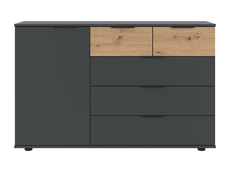 Commode combinée, meuble de rangement coloris graphite, rechampis imitation bois  - Longueur 130 x Hauteur 83 x Profondeur 41 cm 