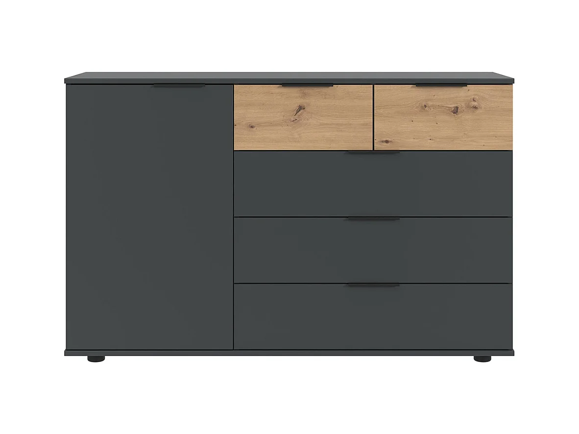 Commode combinée, meuble de rangement coloris graphite, rechampis imitation bois  - Longueur 130 x Hauteur 83 x Profondeur 41 cm 