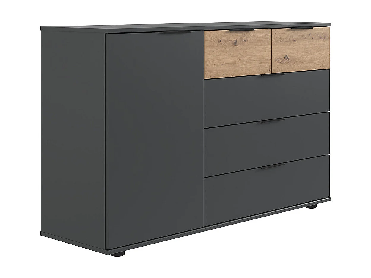 Commode combinée, meuble de rangement coloris graphite, rechampis imitation bois  - Longueur 130 x Hauteur 83 x Profondeur 41 cm 