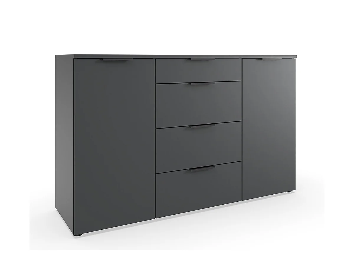 Commode, meuble de rangement avec 2 portes et 4 tiroirs coloris graphite, lamelles imitation chêne Artisan - Longueur 135 x Hauteur 84 x Profondeur 41 cm 